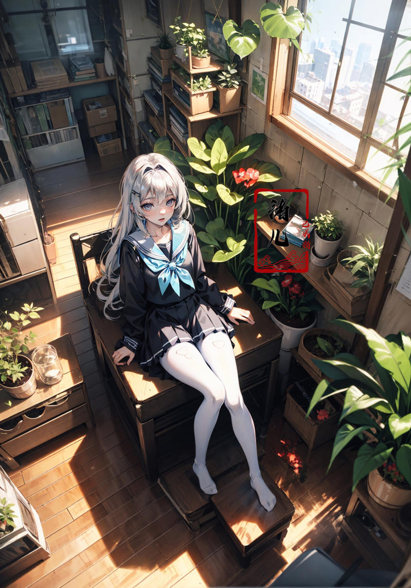 606247209521969379-2039150290-Epic CG masterpiece, an anime girl in a room with plants, no shoes, Black transparent pantyhose, pleated skirt, Sailor suit, sai.jpg